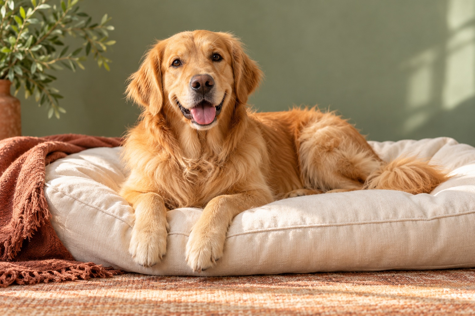 Illustrative golden retriever relaxing on a cream cushion in warm sunlight